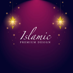 Ramadan hanging shiny lanterns poster several glowing lamps on a dark blue background. islamic illustration