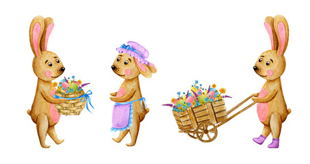 Naklejka premium Easter set with watercolor beige rabbits. Children's illustration on a white background
