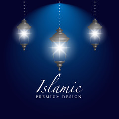 Ramadan hanging shiny lanterns poster several glowing lamps on a dark blue background. islamic illustration