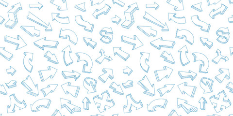 Arrow set sketch. Blue seamless pattern background. Arrows hand draw line. Vector outline contour.