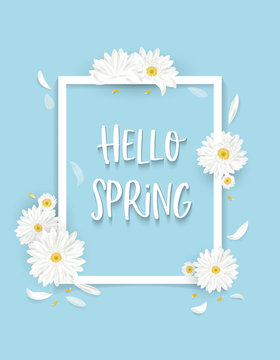 Fototapeta flower Vector illustration with spring flower decorations and place for text on sky blue background