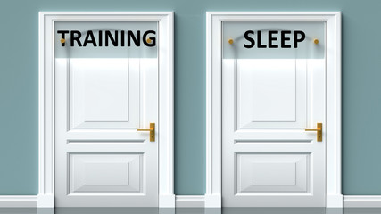 Training and sleep as a choice - pictured as words Training, sleep on doors to show that Training and sleep are opposite options while making decision, 3d illustration
