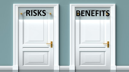 Risks and benefits as a choice - pictured as words Risks, benefits on doors to show that Risks and benefits are opposite options while making decision, 3d illustration