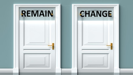 Remain and change as a choice - pictured as words Remain, change on doors to show that Remain and change are opposite options while making decision, 3d illustration