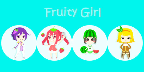 Fruity cute girl group cartoon character design. Kawaii young woman fruit costume fashion concept grape, strawberry, watermelon and orange flat style design.