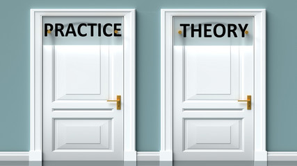 Practice and theory as a choice - pictured as words Practice, theory on doors to show that Practice and theory are opposite options while making decision, 3d illustration