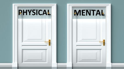 Physical and mental as a choice - pictured as words Physical, mental on doors to show that Physical and mental are opposite options while making decision, 3d illustration