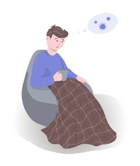Sad man, boy freezes, sits covered with blanket, plaid, holds cup, drinks hot tea or medicine, thinks he has viral disease Colds, tonsillitis, flu, headache, sore throat, chills, voice lost. Cartoon.