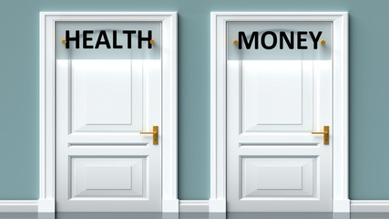 Health and money as a choice - pictured as words Health, money on doors to show that Health and money are opposite options while making decision, 3d illustration