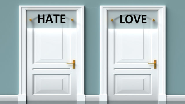 Hate and love as a choice - pictured as words Hate, love on doors to show that Hate and love are opposite options while making decision, 3d illustration