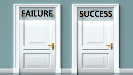 Failure and success as a choice - pictured as words Failure, success on doors to show that Failure and success are opposite options while making decision, 3d illustration