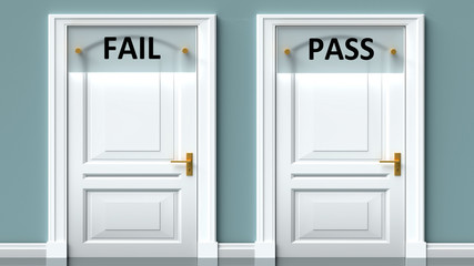 Fail and pass as a choice - pictured as words Fail, pass on doors to show that Fail and pass are opposite options while making decision, 3d illustration