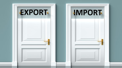 Export and import as a choice - pictured as words Export, import on doors to show that Export and import are opposite options while making decision, 3d illustration