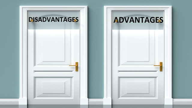 Disadvantages and advantages as a choice - pictured as words Disadvantages, advantages on doors to show that Disadvantages and advantages are opposite options while making decision, 3d illustration