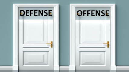 Defense and offense as a choice - pictured as words Defense, offense on doors to show that Defense and offense are opposite options while making decision, 3d illustration