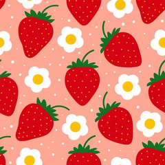 Strawberry pattern. Seamless repeated fruit design. Red berry background. Flat cartoon style. Great for kitchen, tablewear, fabric, textile. Vector