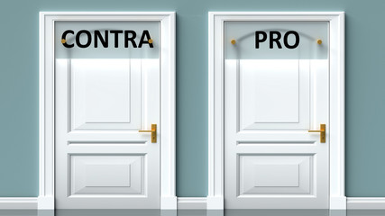 Contra and pro as a choice - pictured as words Contra, pro on doors to show that Contra and pro are opposite options while making decision, 3d illustration