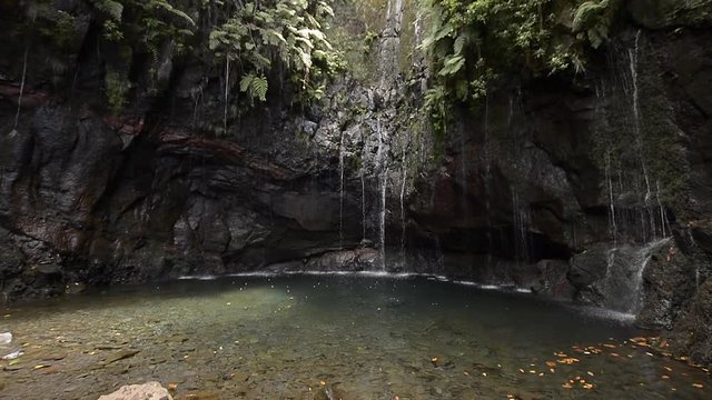 Establishing clip of a long waterfall leading into a tropical pond among lush vegetation in Rabacal Levada, Madeira, Portugal