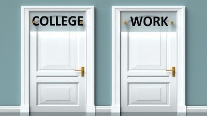 College and work as a choice - pictured as words College, work on doors to show that College and work are opposite options while making decision, 3d illustration