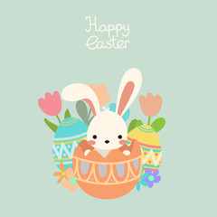 Cute kawaii cartoon flat vector easter white bunny, rabbit sit, hide in egg with ornamental decorative eggs, spring flowers and hand written lettering Happy Easter