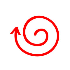 Red arrow vortex sign, from inside direction, and icon for website button helix. Business decoration isolated on light background. Vector illustration. Symbol -out.