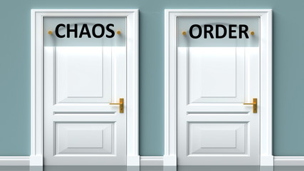 Chaos and order as a choice - pictured as words Chaos, order on doors to show that Chaos and order are opposite options while making decision, 3d illustration