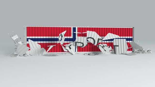 Norway container with the flag  falls on top of a container labeled EXPORT and breaks it