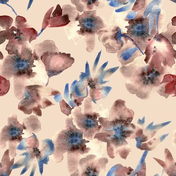 Seamless pattern with brown watercolor hand painted flowers