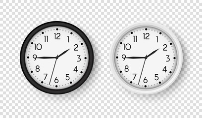 Realistic office clock. Round clocks on wall. Vector black and white watch isolated on transparent background