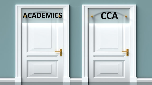 Academics and cca as a choice - pictured as words Academics, cca on doors to show that Academics and cca are opposite options while making decision, 3d illustration