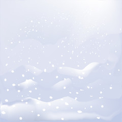 Abstract winter landscape with snow-cover mountains, snowfall, snowflakes,  snowdrifts, sky in pastel blue, white colors
