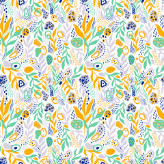 Seamless pattern floral branch drawing. Background with Hand Painted naive style.