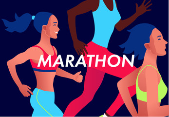 Running multinational people in bright sportswear. Men and women running marathon outdoor.Sports competition, workout or exercise, athletics. Active lifestyle. Colorful vector illustration.