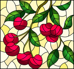 Illustration in the style of a stained glass window with the branches of cherry  tree , the  branches, leaves and berries on a yellow background
