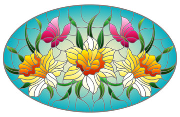 Illustration in stained glass style with a bouquet of yellow daffodils and pink butterflies on a blue background, oval image