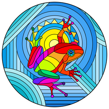 recommend clip art: Illustration in stained glass style with abstract rainbow frog on geometric blue background with sun, round image