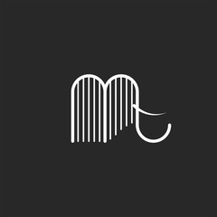 Elephant logo or abstract mammoth with tusks in linear minimalistic style. Black and white thin lines design element.