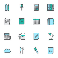 Office supplies filled outline icons set, line vector symbol collection, paperwork linear colorful pictogram pack. Signs, logo illustration, Set includes icons as file folders, calendar, notebook, pen