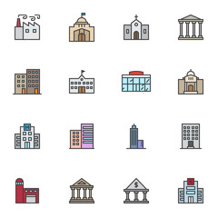 City buildings filled outline icons set, line vector symbol collection, linear colorful pictogram pack. Signs, logo illustration, Set includes icons as factory, school, bank, skyscraper office, church