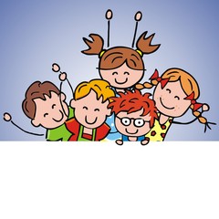 Five smiling children, funny vector illustration, template. Group of girls and boys, creative picture.
