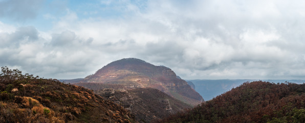 Mount Banks Panorama showing the destruction in the aftermath of the Australian bush fires of December 2019, in Blue Mountains National Park, New South Wales, Australia.
