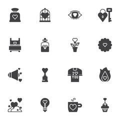 Love vector icons set, modern solid symbol collection, Valentine day filled style pictogram pack. Signs, logo illustration. Set includes icons as heart bag, bed, lock and key, flower, birthday cake