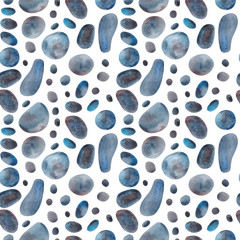 Watercolor Abstraction Seamless Pattern of Blue, gray and brown pebble stones, stiks and circles. Isolated on White Background.