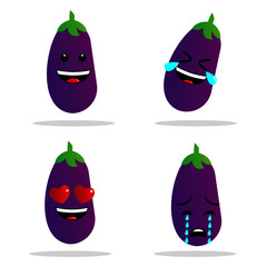 eggplant emoji. Cute fruit vector character set isolated on white