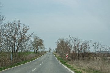 Empty asphalt road with road signs and tree on the side, foggy weather, winter season