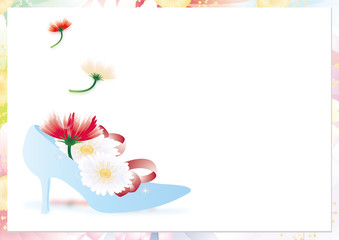 ガーベラのカラフルな花とガラスの靴のイラスト横スタイル背景素材