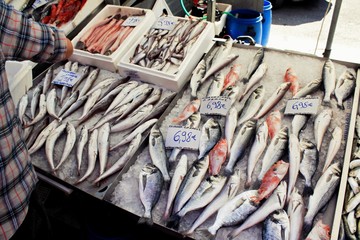 Stall with seafood, selonda,  sea breams, at street market in Athens, Greece.
