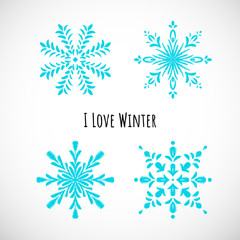 Set of blue snowflake icon with text, vector doodle design.