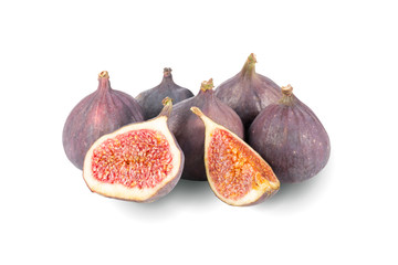 Fresh ripe figs on a white background. Sliced and whole fruits isolated