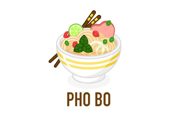 Pho bo soup in a bowl. Traditional spicy vietnamese meal with noodles and broth. Plate with lime and chopstick on white background. Colourful vector illustration